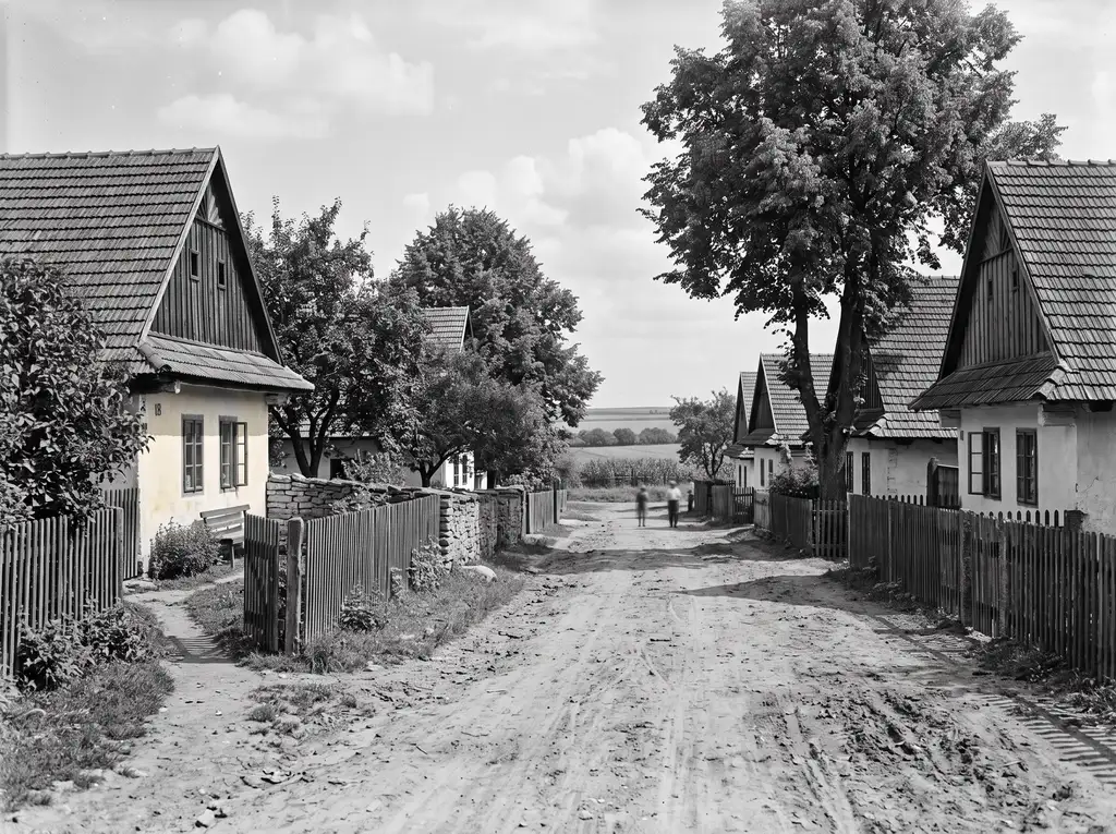 Černobílý snímek vesnické ulice s chalupami a prašnou cestou