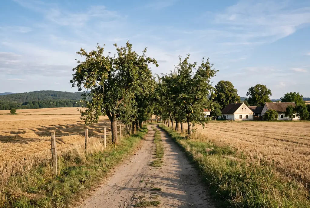 Polní cesta s alejí ovocných stromů mezi poli, na obzoru zalesněný kopec